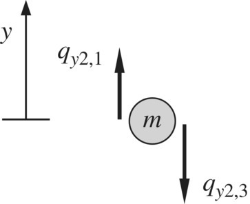Free-body diagram of a mass illustrated by a circle labeled m with up- and downward arrows labeled qy2,1 and qy2,3, respectively. On the left is an upward arrow labeled y.