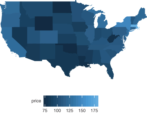 Choropleth map of USA representing growth of house prices indexes between 1980 and 2000. A shade scale bar, below the map, indicates prices from 75 to 175, respectively, from darkest to lightest shade.