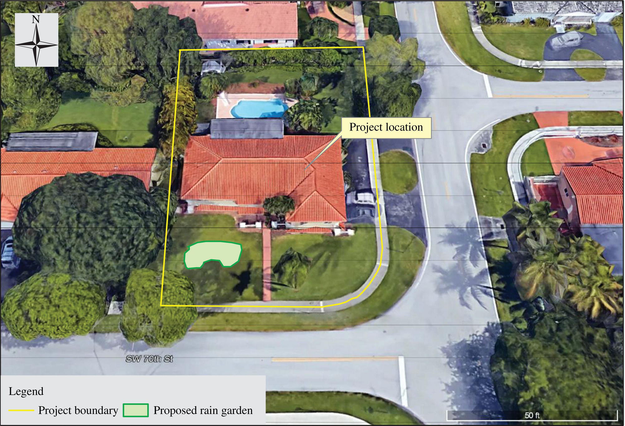 3D map of a residential house located at 9240 SW 70th Street, Miami, FL, USA with project boundary (line) and proposed rain garden (shaded area) indicated.