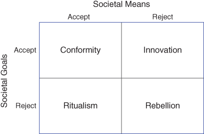 A box labeled Societal Means on top and Societal Goals on the left, displaying 4 compartments for conformity, innovation, ritualism, and rebellion. The columns and rows are labeled Accept and Reject.