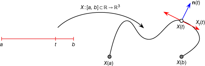 Diagram of a parameterized curve and its differential properties. The tangent vector, Xt(t), to the curve point p = X(t), is the first derivative of the coordinate functions.