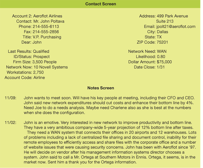 A page shows a CRM account report with details under the headers contact screen and notes screen.