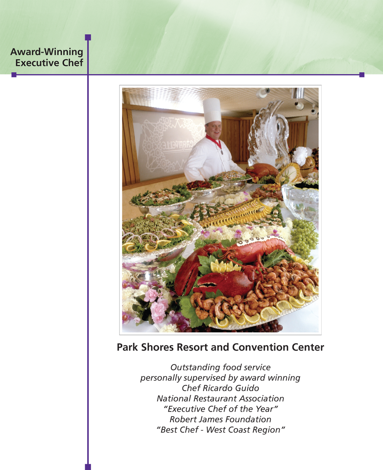 A page titled “Award-Winning; Executive Chef” shows a photo and a text below it.