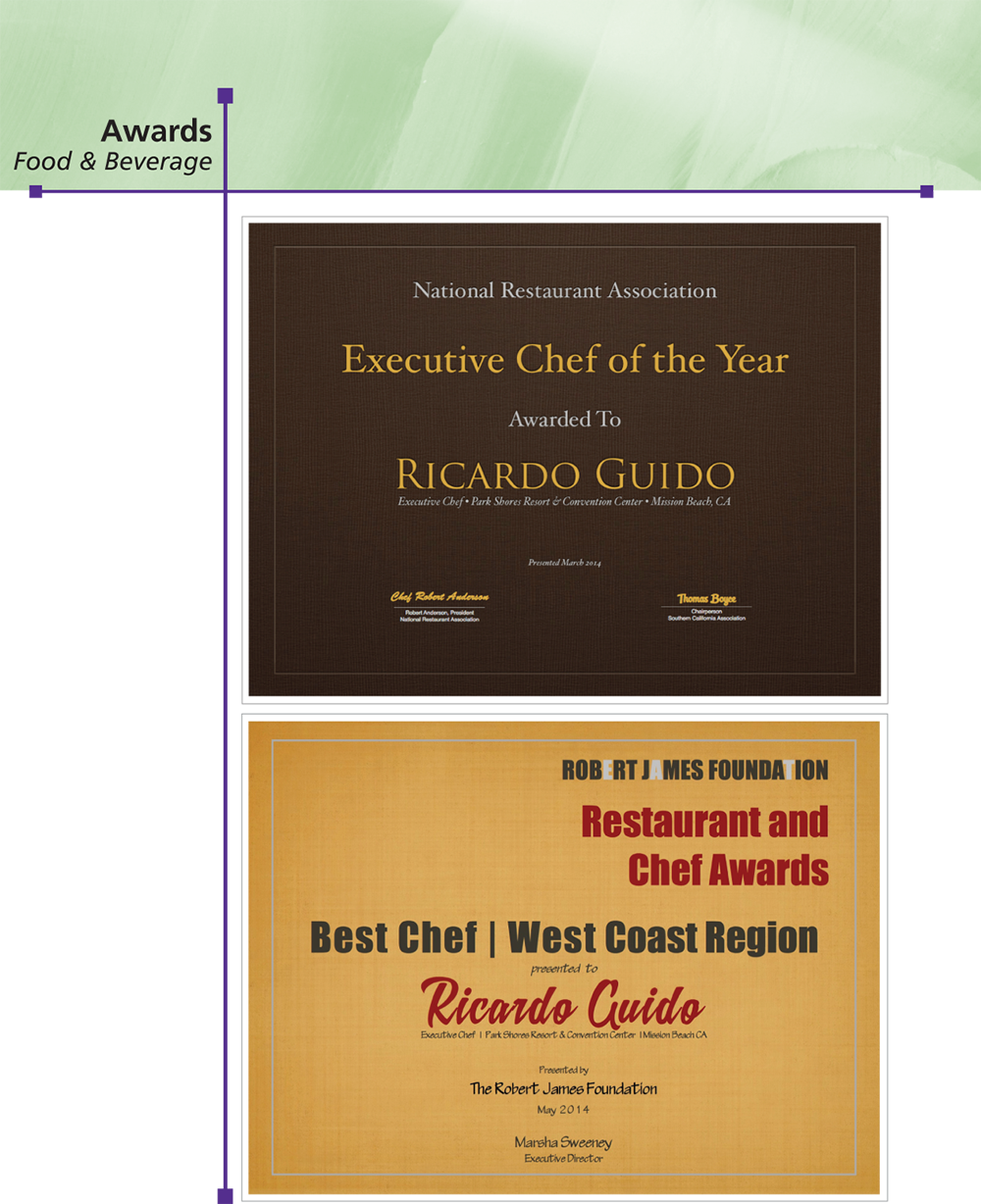 A page titled “Awards; Food & Beverage” shows a set of two certificates.