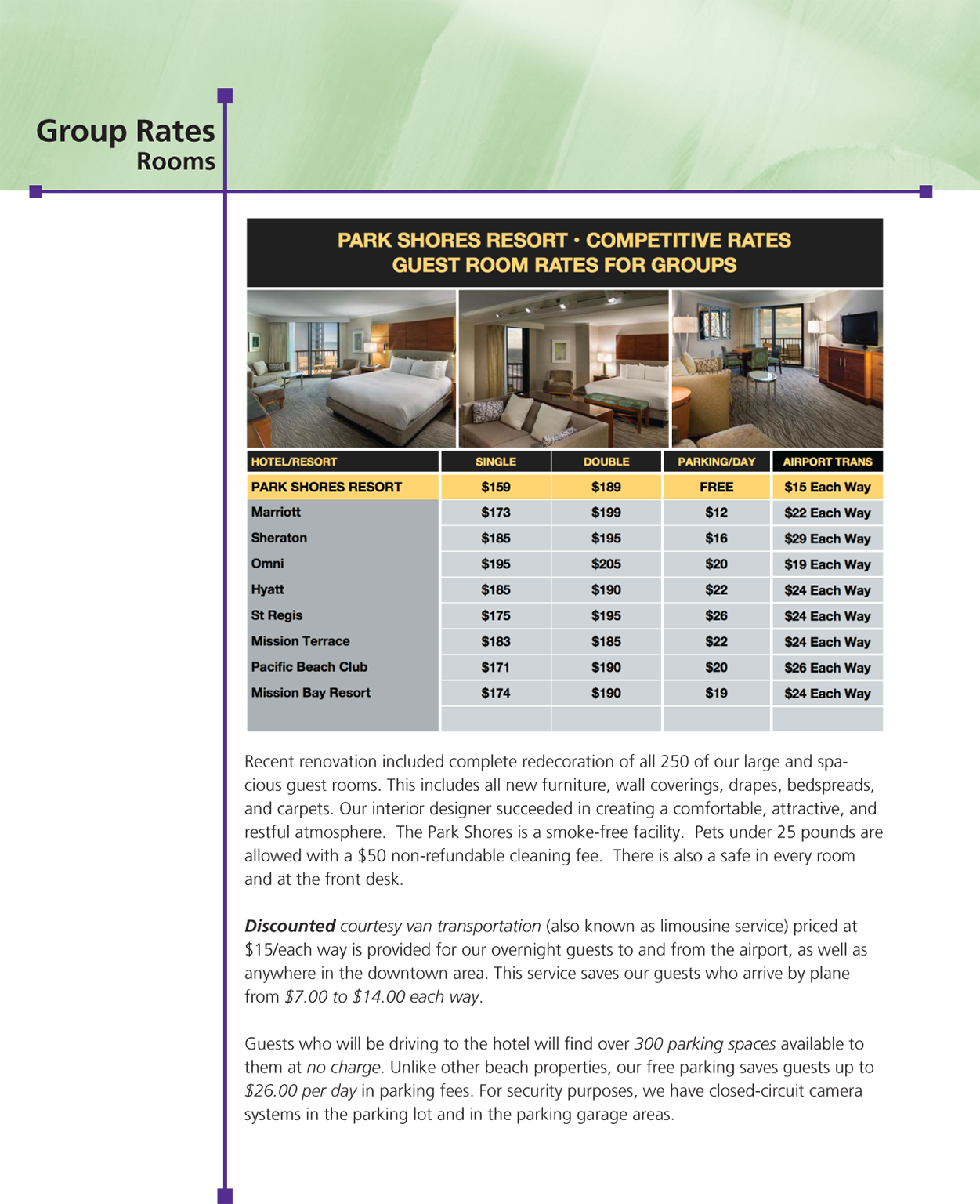 A page titled “Group rates; Rooms” shows competitive rates and guest room rates for groups.