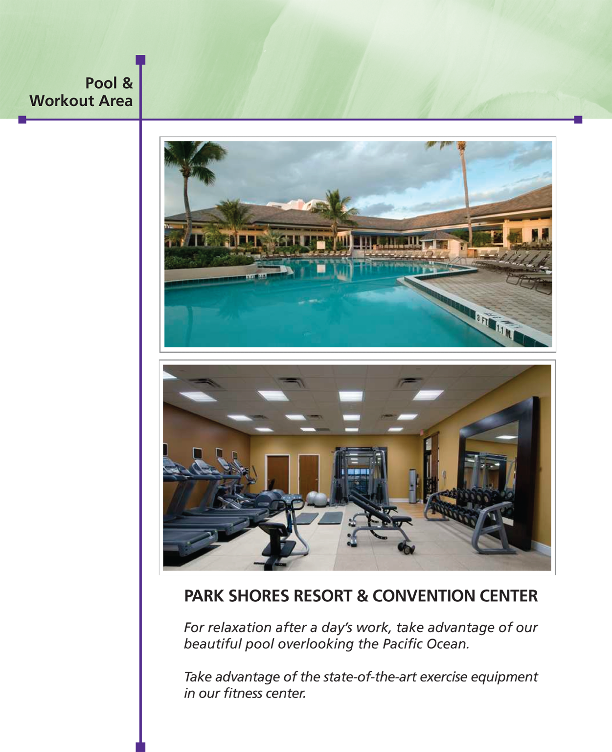 A page titled “Pool and Workout area” shows two photos and a text at the bottom.