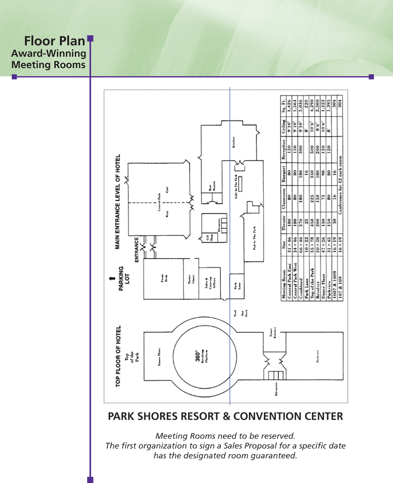 A page titled “floor plan award-winning meeting rooms” shows a floor plan of park shores resort & convention center and a text.