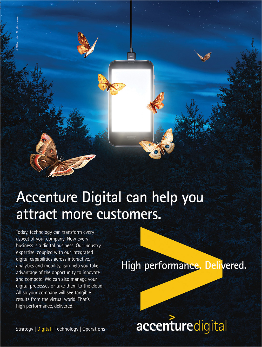 An Accenture advertisement shows a mobile phone as a bright source of light. Butterflies are shown flying towards it.