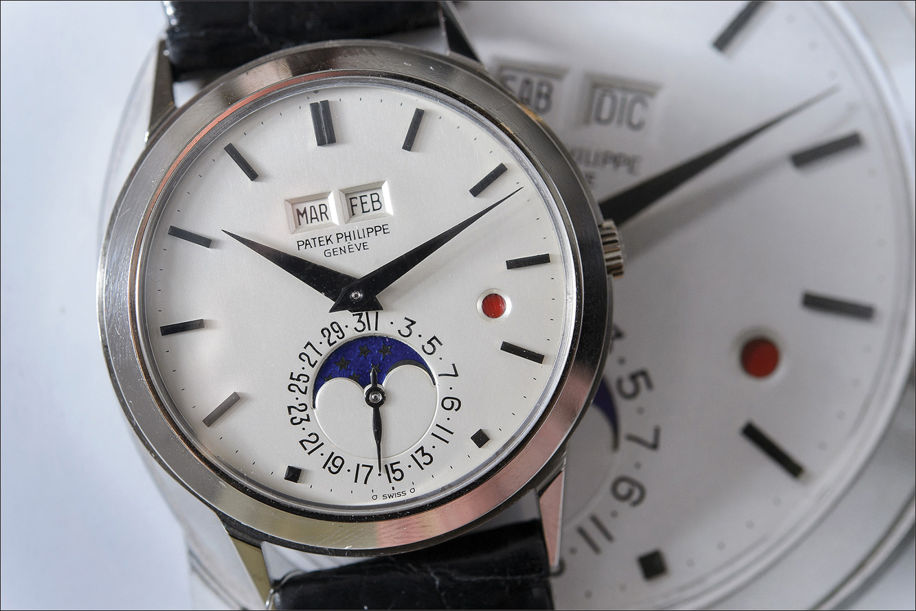 A photo shows the dial of a Patek Philippe wrist watch.