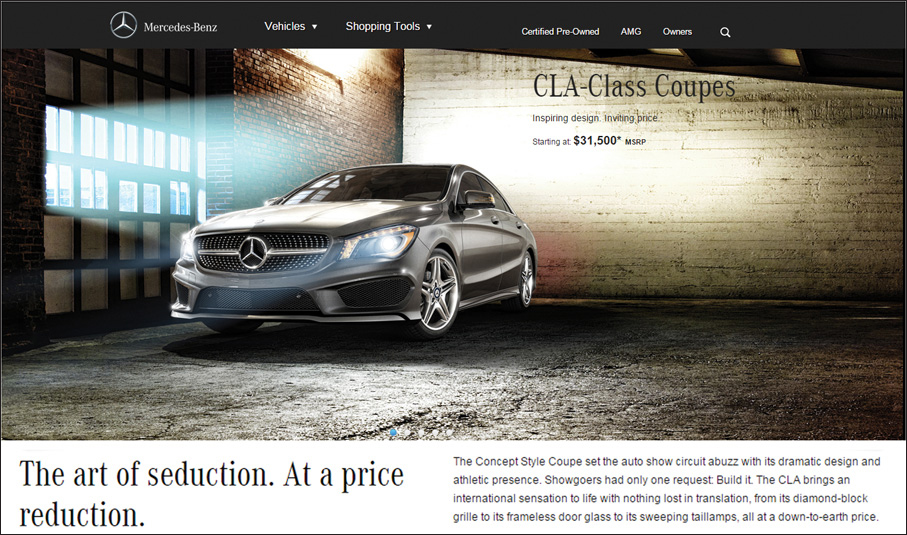 An image shows the CLA Class Coupes page of Mercedes website. The page shows a parked Mercedes CLA. Light streams through a series of windows next to it. Text below the car reads “The art of seduction. At a price reduction.”