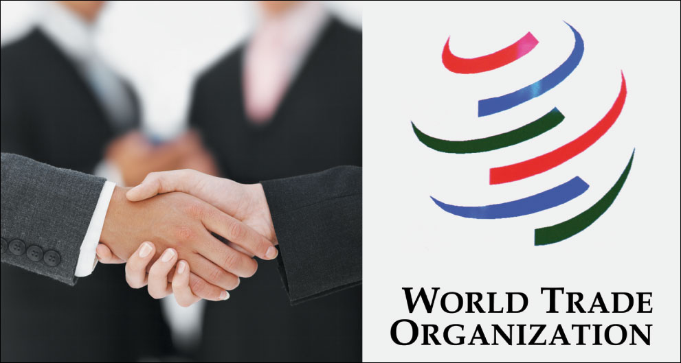 A WTO advertisement shows hands of two people in a handshake. Next to the photo, the advertisement carries the logo of WTO.