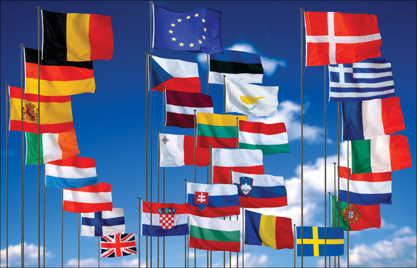 Photo shows the flags of EU countries fluttering.