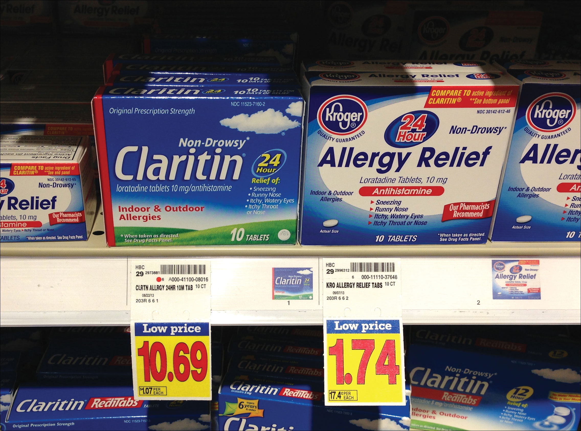 Photo shows a store shelf that stocks packs labeled "Non-Drowsy Claritin" and Kroger's "24-hour Allergy Relief."