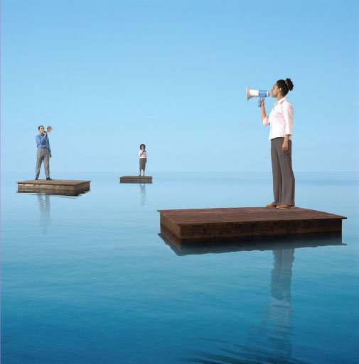 A photo shows three persons standing apart on separate wooden blocks on a large water body and communicating with each other using megaphones.