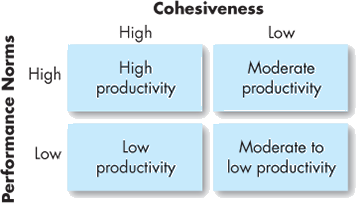 A 2 by 2 matrix depicts impact of cohesiveness and performance norms on productivity.