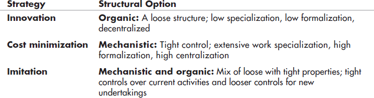 A table shows optional structural option for each organizational strategy.