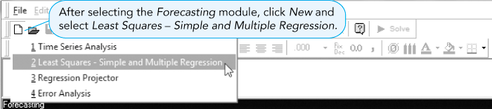 Screenshot showing a drop down menu containing the following items: 1 Time Series Analysis, 2 Least Squares – Simple and Multiple Regression, 3 Regression Projector, and 4 Error Analysis.