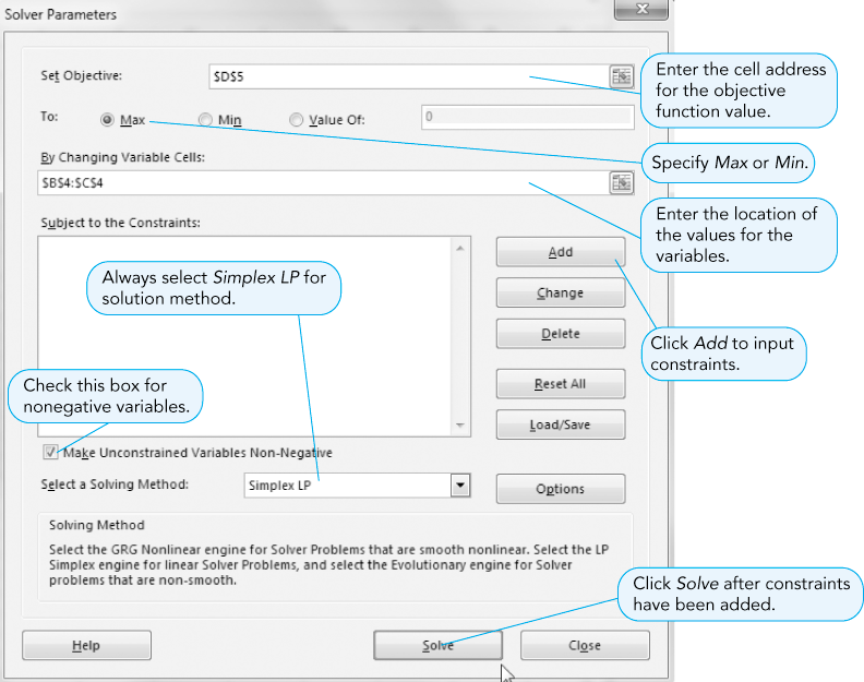 A screenshot shows the solvers parameters dialog box.