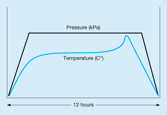 The temperature (in degree Celsius) and pressure (in k pascals) curves are shown for a period of 12 hours.