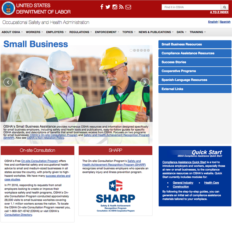 The O S H A small business webpage.