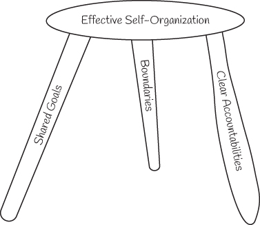 The three important aspects needed for effective self-organization are represented in the form of a three-legged chair that requires all the three legs to stay balanced. The three legs are: shared goals, boundaries, and clear accountabilities.