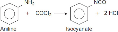 A chemical reaction is shown. Aniline (shown by a hexagon ring structure and NH2 at its one corner) is added with CO Cl2. As a result, isocyanate (shown by a hexagon ring structure and NCO at its one corner) and 2 H Cl is obtained.