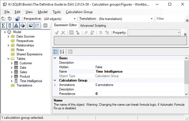 The figure shows a screenshot in Tabular Editor, specifically the time intelligence calculation group.