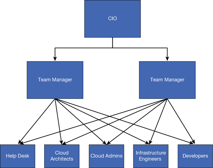 This diagram depicts the potential layout for a modern IT organization at Fourth Coffee. This depicts the CIO split to two team managers, but now the two team managers have multiple responsibilities that cover the new roles, including help desk, cloud architects, cloud admins, infrastructure engineers, and developers.