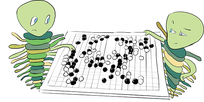 Cartoon representation of a Go board game is illustrated where two caterpillars are shown playing. One player uses the white stones whereas the other uses black stones.