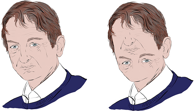 Illustration of Geoff Hinton's face is shown on the left. The same face with the nose on the top, mouth in the middle and eyes in the bottom is shown on the right.