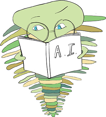 A sketch of a trilobite reading a book wearing spectacles is shown.
