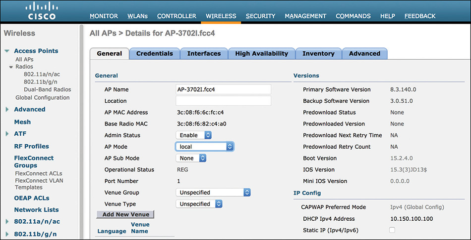 A screenshot of the Cisco W L C interface shows the local mode configuration under APs settings.