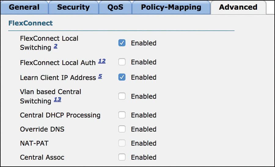 A snapshot shows the FlexConnect settings of the WLANs Advanced tab option.