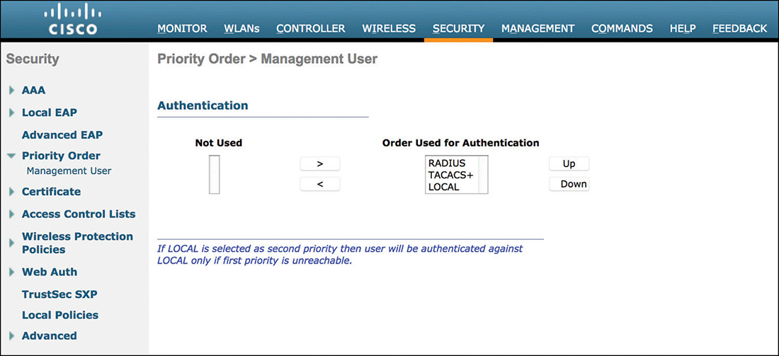 A screenshot of the Cisco WLC interface depicts specifying the priority for user authentication.