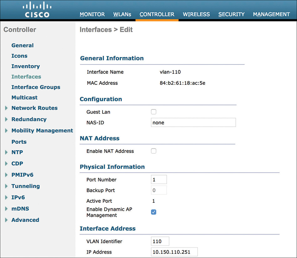 A screenshot of the Cisco W L C G U I depicts enabling an option for a dynamic interface.