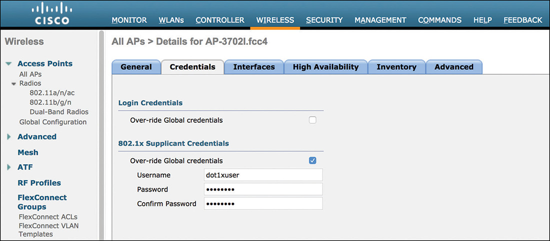 A screenshot of the Cisco W L C interface shows configuring 802.1x credentials at a single AP level.