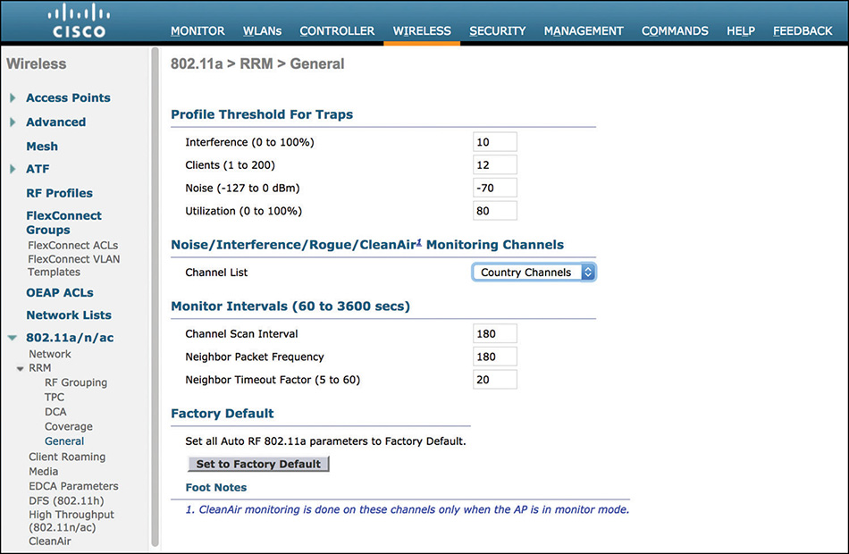 A screenshot of the Cisco WLC interface shows monitoring channels configuration for the 5 GHz band.
