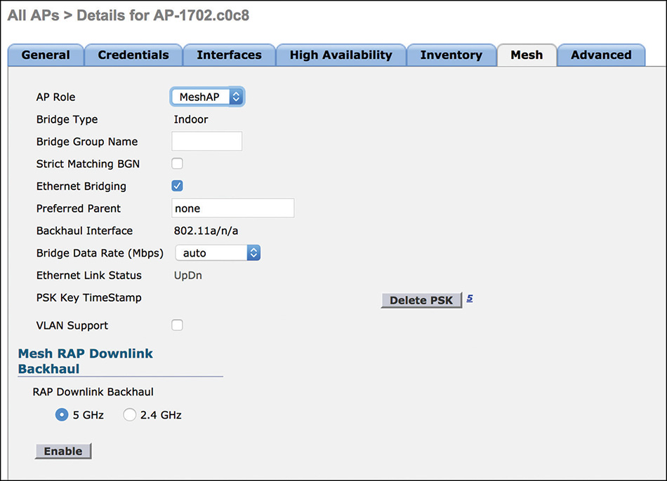 A snapshot of the Cisco WLC interface shows the mesh settings of the AP.