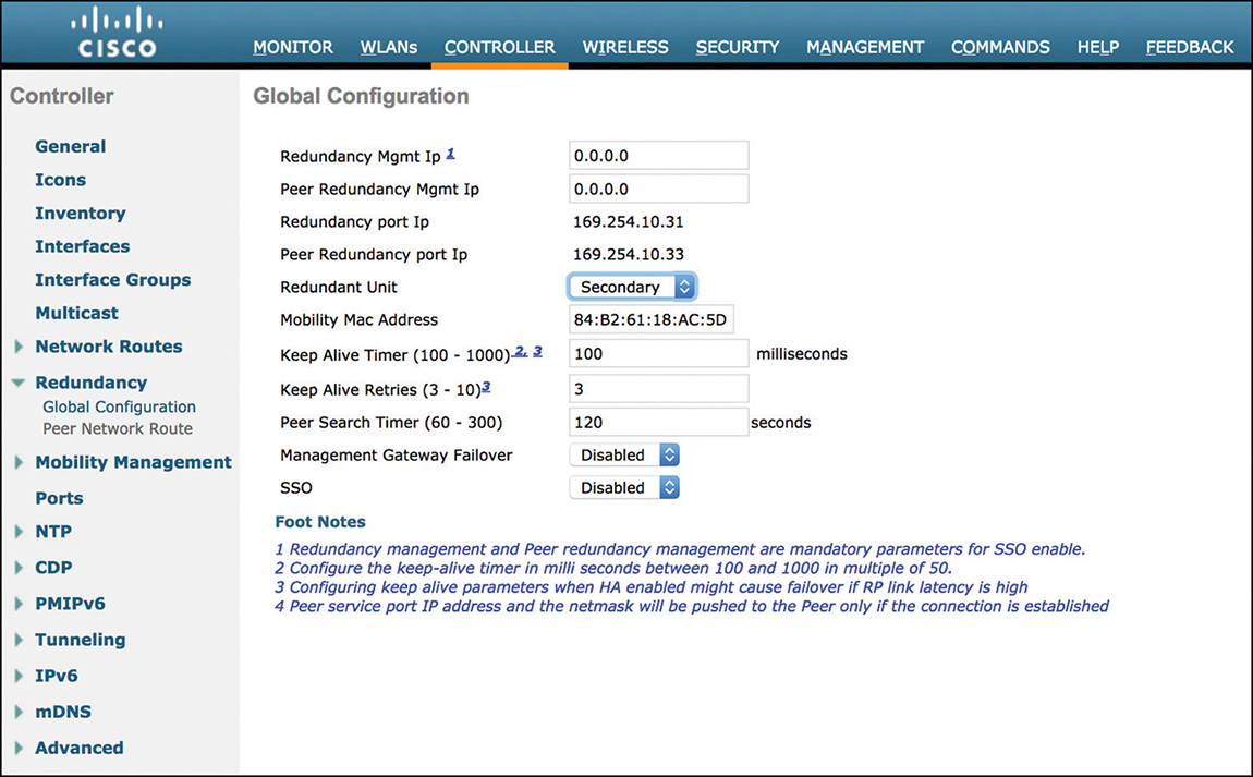 A screenshot of the Cisco WLC interface depicts setting the option Redundant Unit to Secondary.