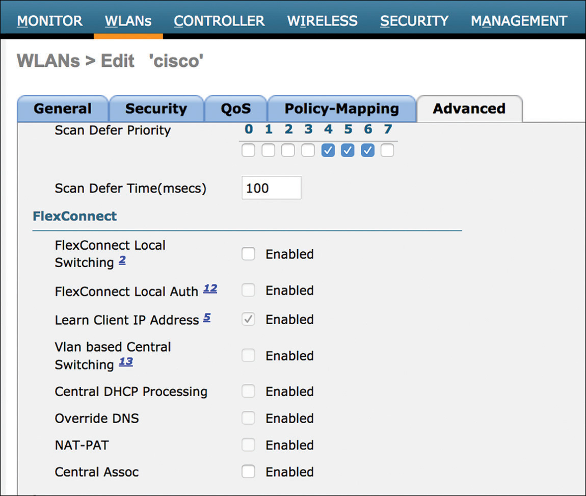 A screenshot of the Cisco WLC interface showing the FlexConnect Settings in the WLAN Advanced section.