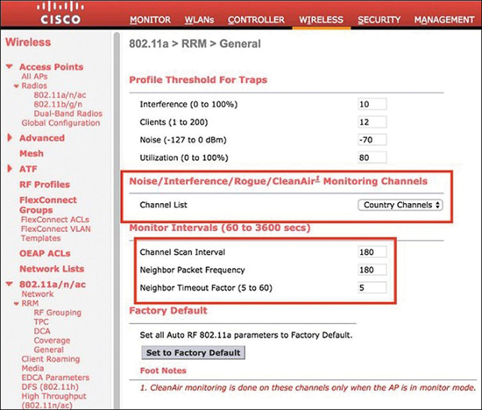 A snapshot shows the settings page of RRM in the Cisco window.
