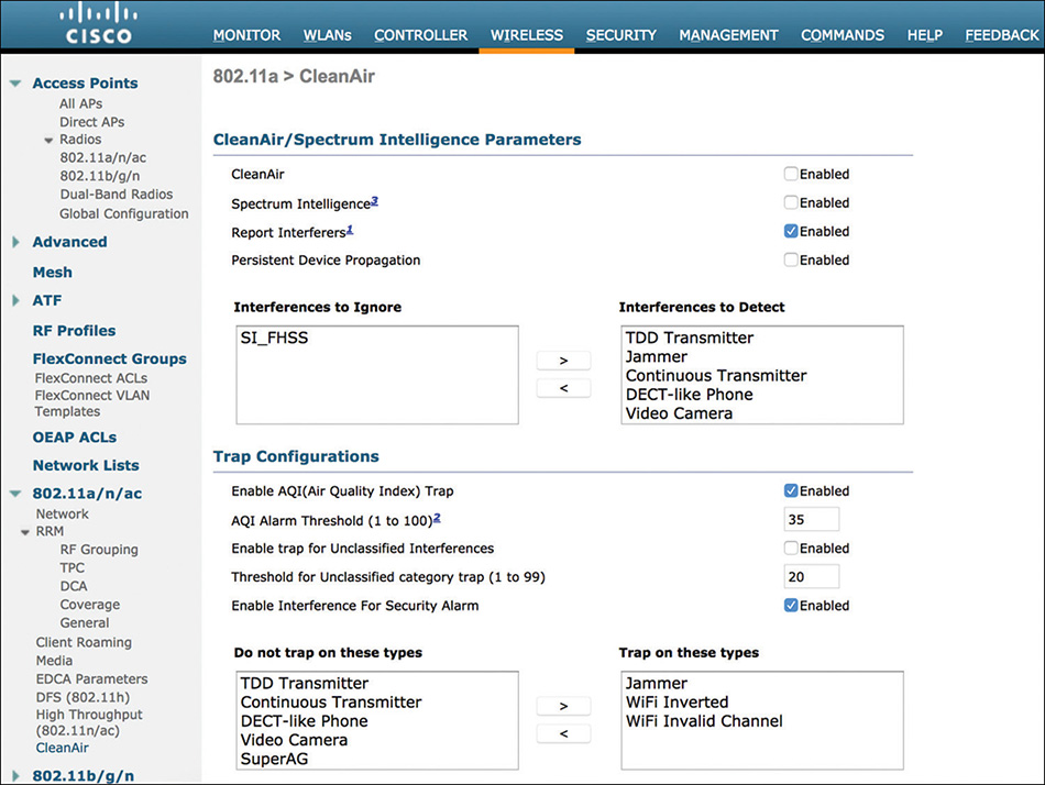 A snapshot shows the CleanAir Configuration page in the Cisco window.
