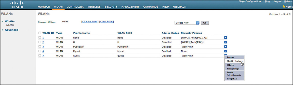 A screenshot shows the WLANs mobility anchor configuration of the CISCO WLC interface.