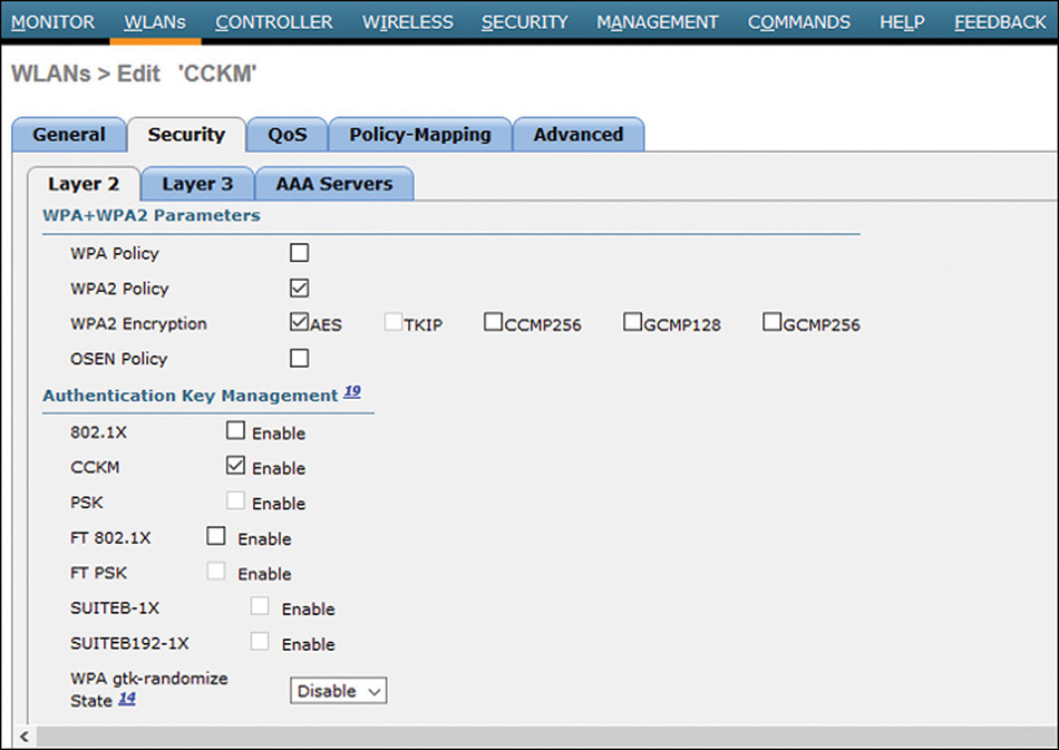 A screenshot of CISCO WLC shows the CCKM Configuration with WPA2/AES.