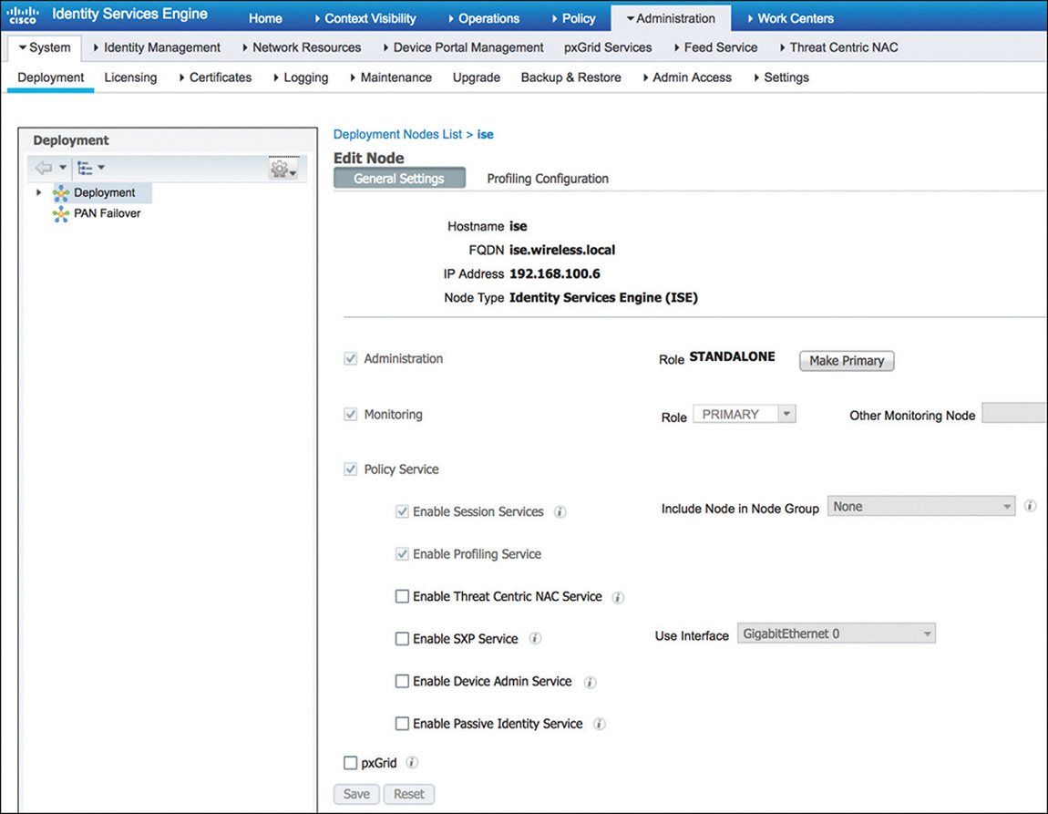A screenshot shows the node configuration of the CISCO Identity Services Engine (ISE) interface.