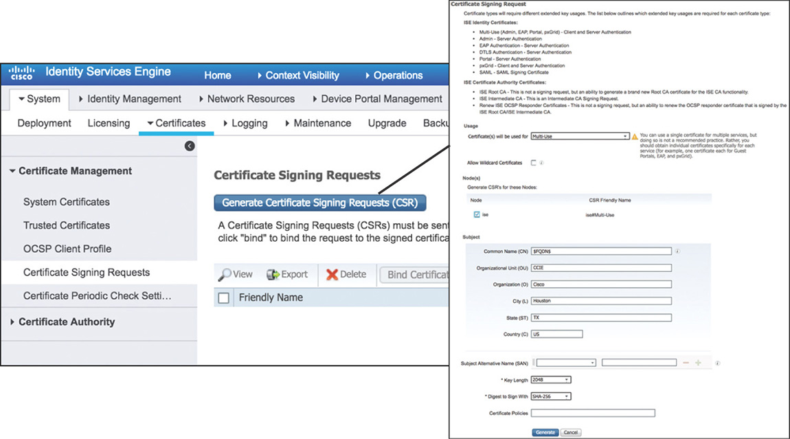 A screenshot shows the process of generating certificate signing requests in CISCO ISE interface.