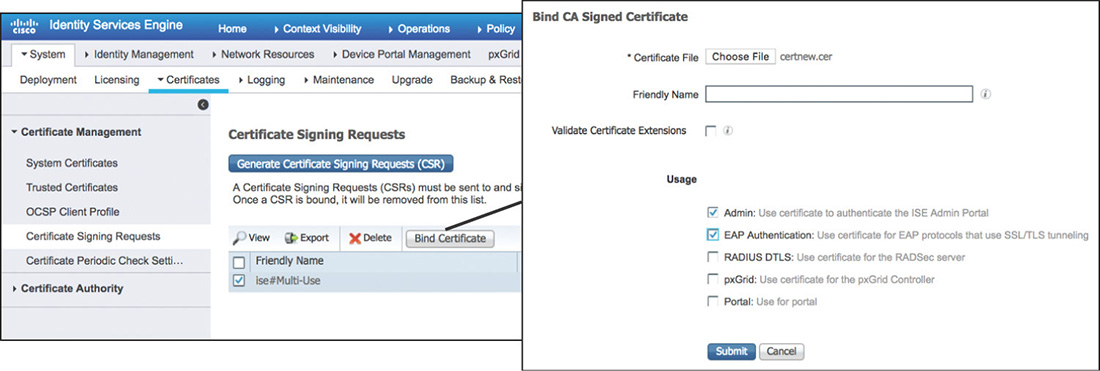 A screenshot shows the selection of bind certificate in the certificate signing requests page of the CISCO ISE interface.