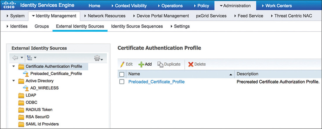 A screenshot shows the example of external identity sources referenced within an authentication policy of the CICSO ISE interface.