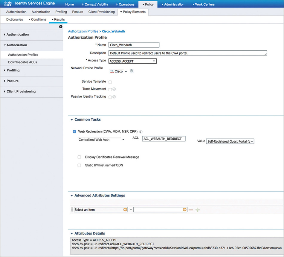 A screenshot shows the authorization profile page of the CISCO ISE interface.