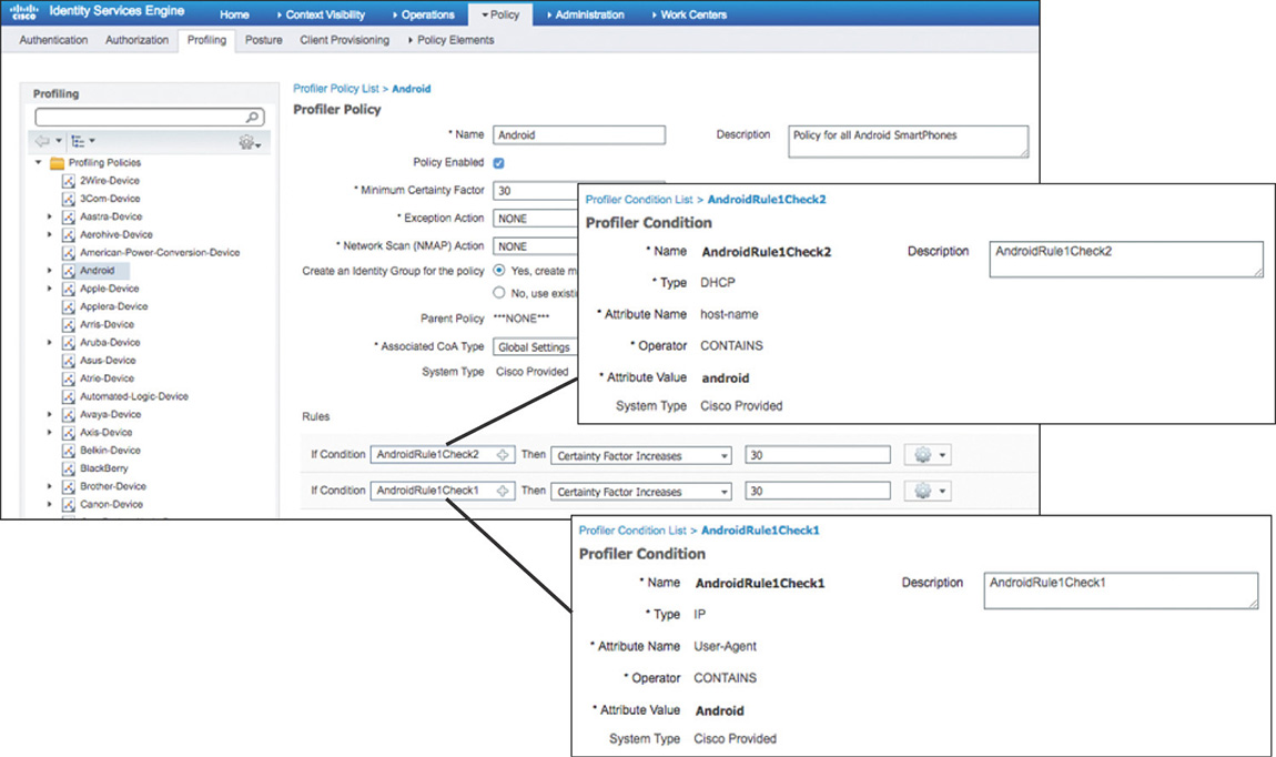 A screenshot shows the profiler policy page of the CISCO ISE interface.